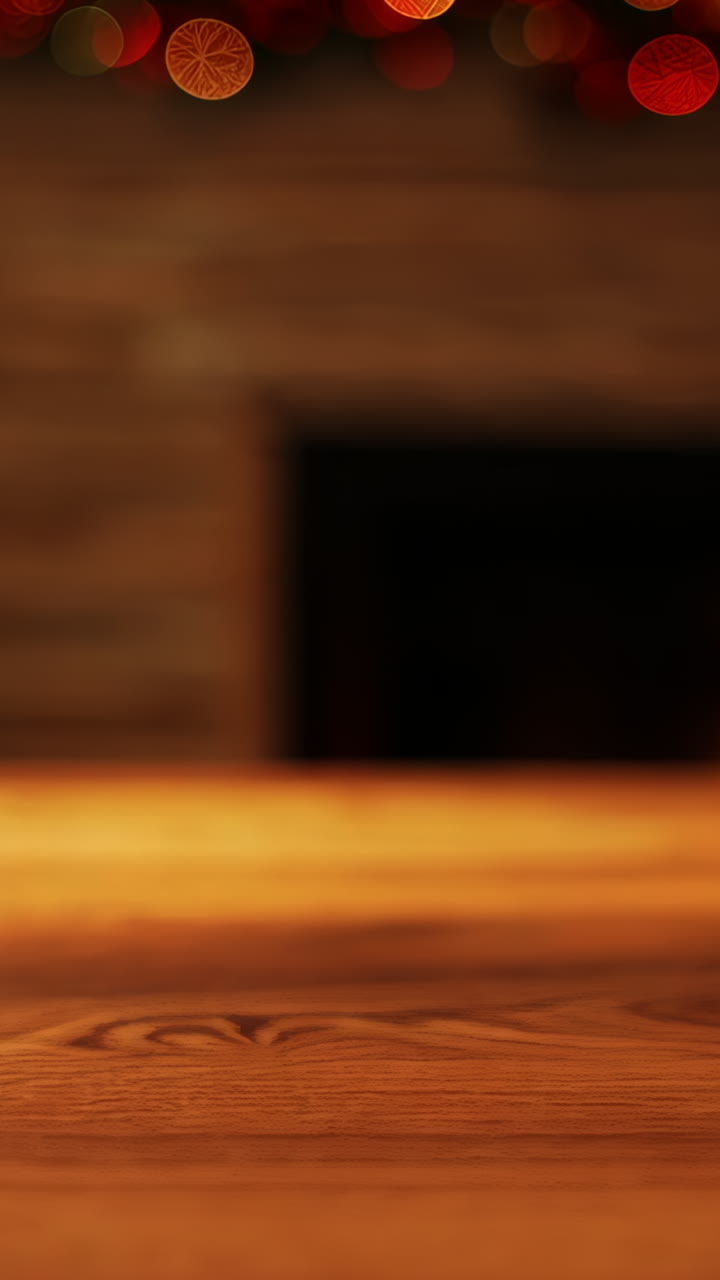 A wooden table with a fireplace in the background Vertical video
