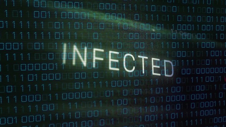 Animation of x mark over infected text, circuit board pattern, binary codes against black background