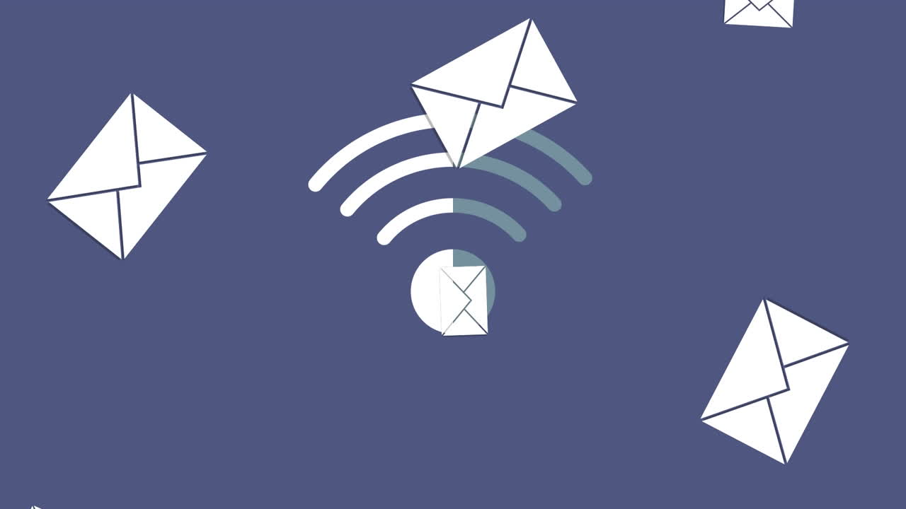Animation af digitale ikoner for Wi-Fi og mail svævende over en blå baggrund