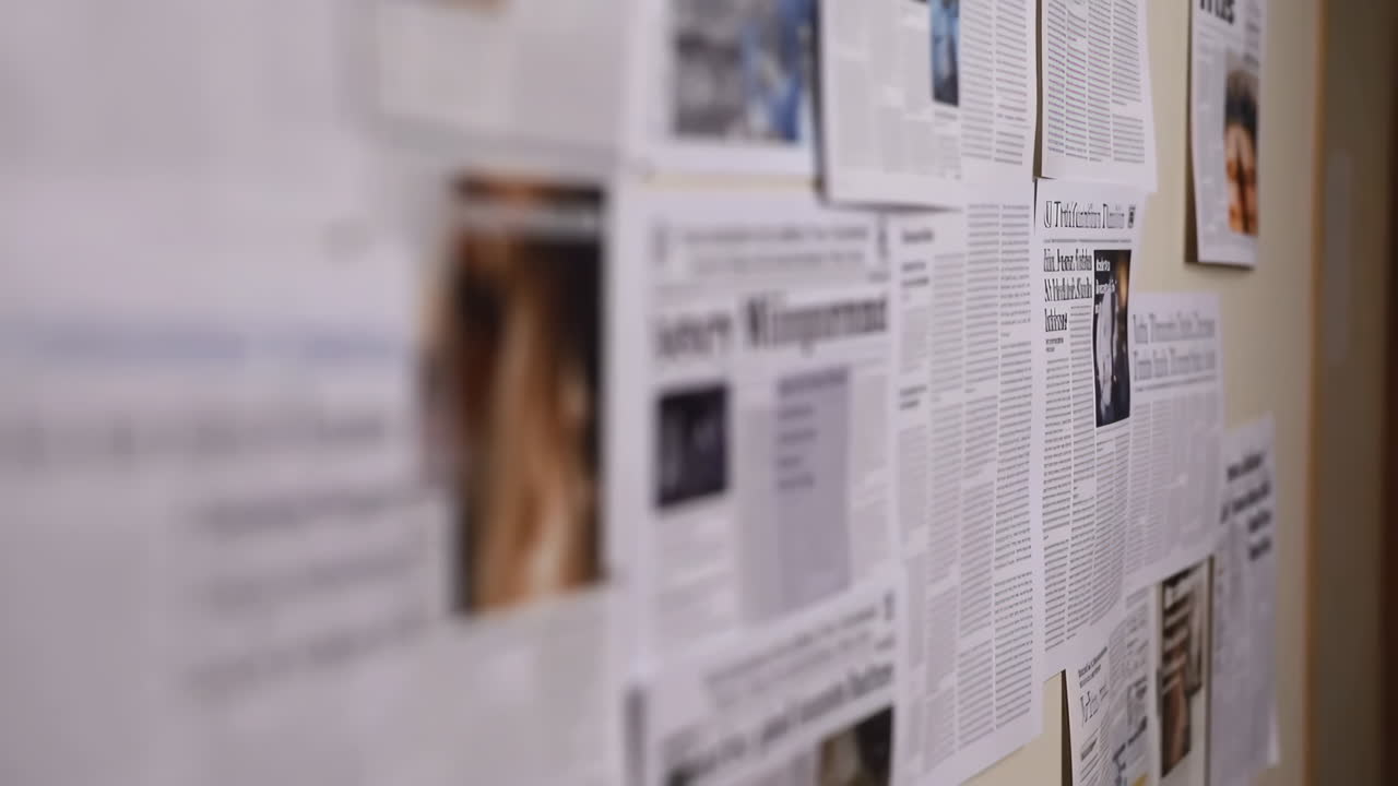 Wall covered with various newspaper articles and printouts