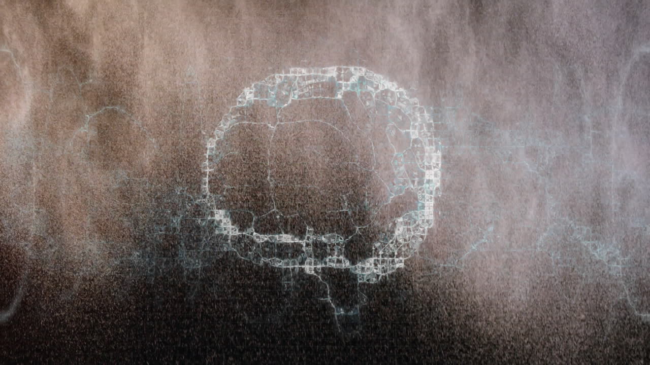 Holographic data ring showcasing glitchy pale-blue lines and noise, rotating with glowing blocks