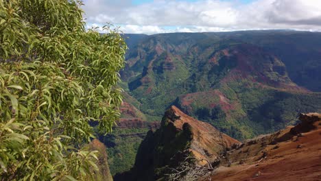 4K-Hawaii-Kauai-pan-left-to-right-of-Waimea-Canyon-to-tourists-on-lookout-point-in-distance-in-frame-right-with-a-bright-partly-cloudy-sky