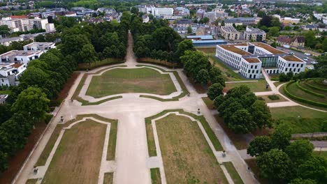 toward aerial movement above the ladies abbey of sainte-trinité with michel d'ornano park, caen, france