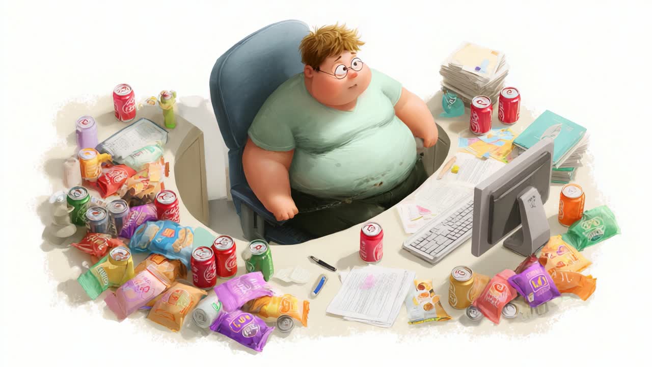 An Overweight Young Man Sitting at a Cluttered Desk Surrounded by Empty Snack Packaging and Soft Drink Cans, Capturing the Struggle of Modern Workspace Disorganization and Obesity