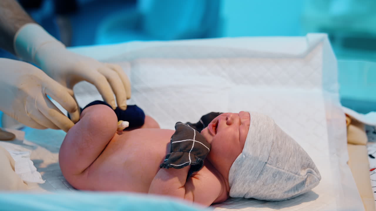 Newborn wearing mittens, socks and cap lies on the table crying. Nurse outs on a diaper on a baby.