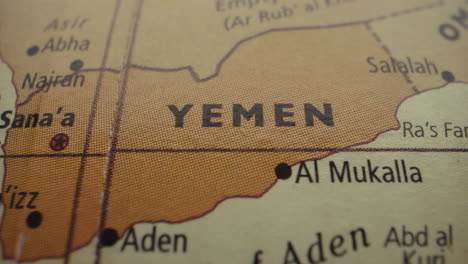 close-up of a world map highlighting yemen