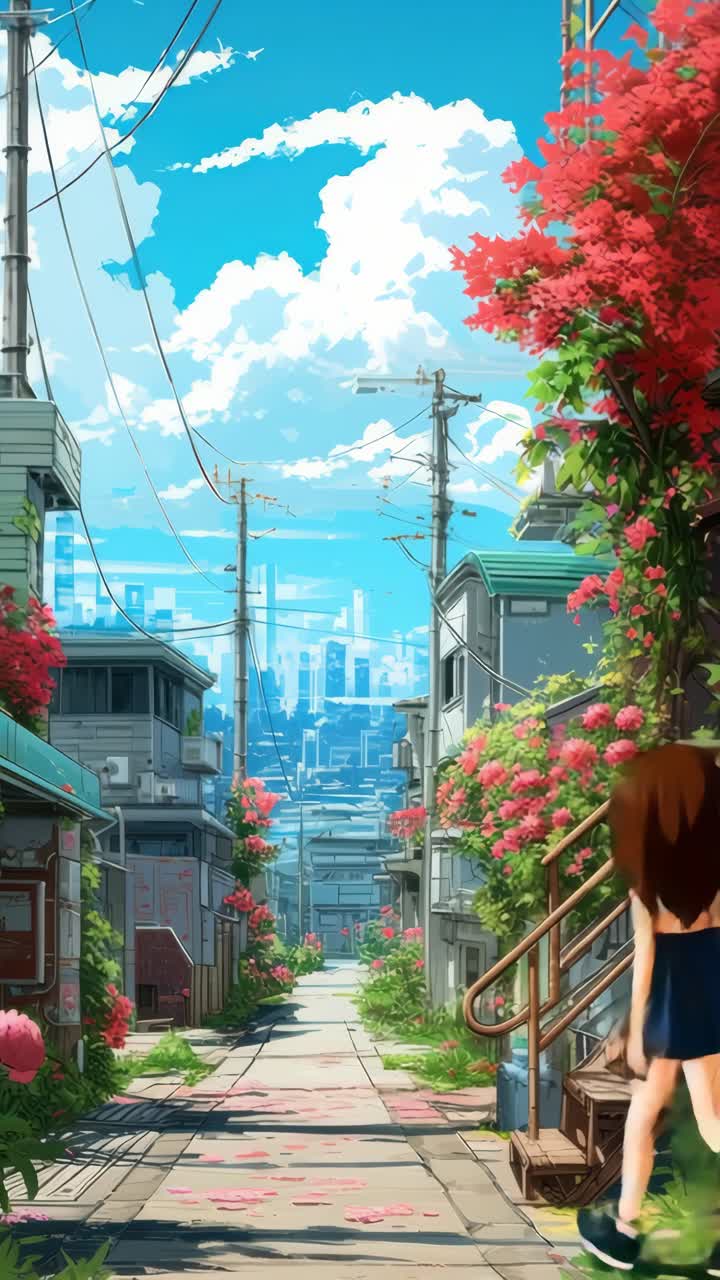 Vivace scena di strada in stile anime con fiori che sbocciano, catturata da un angolo basso