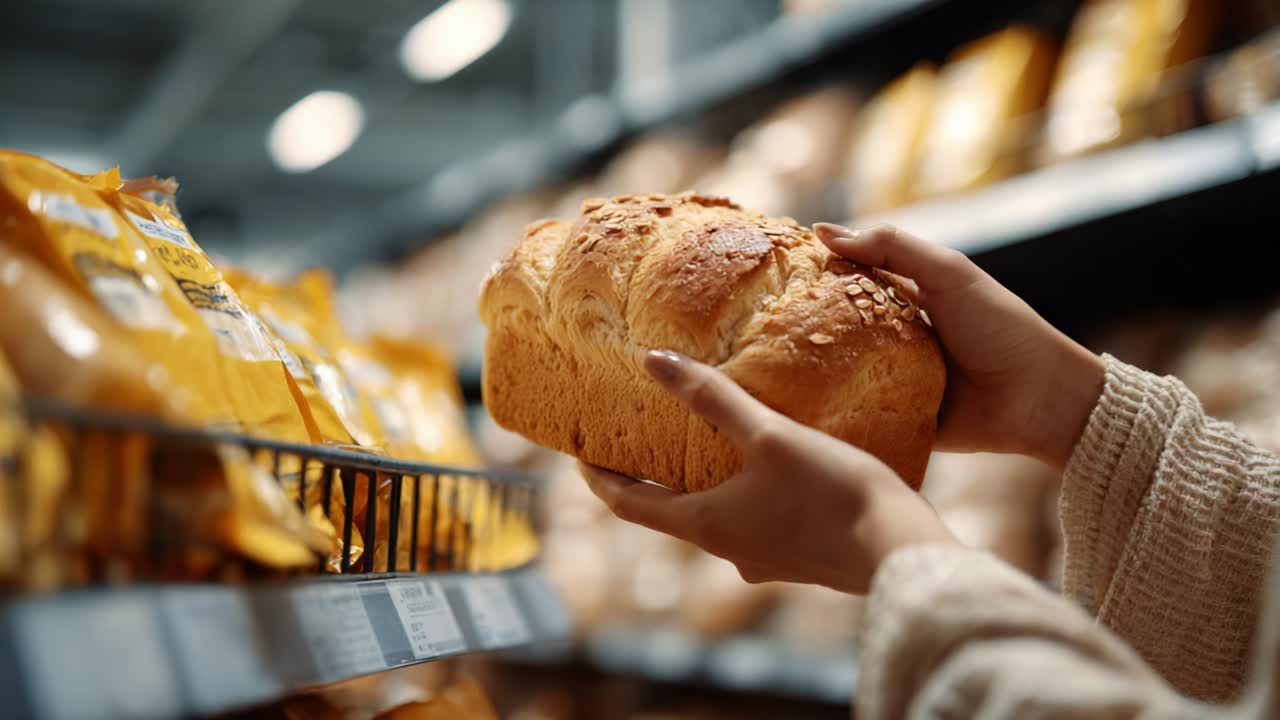 A person holding a freshly baked loaf of bread while shopping in a grocery store, surrounded by various packaged products, emphasizing the warm texture and crusty appearance of the bread