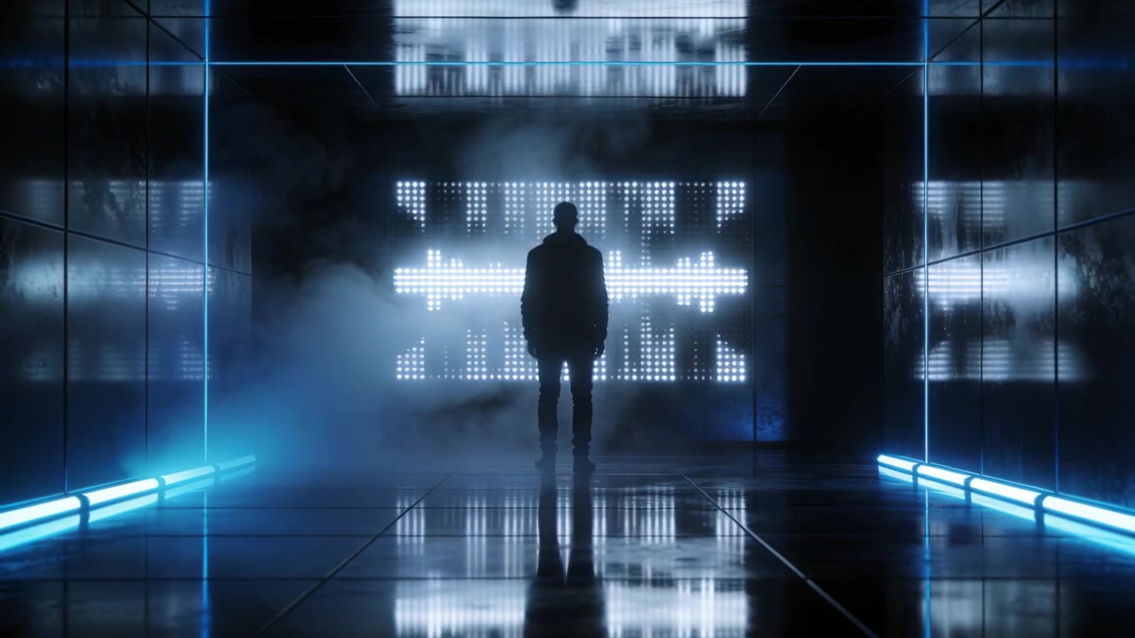 Standing man in dark coat boots, facing pulsing LED panel in studio, fog rising, creating drama
