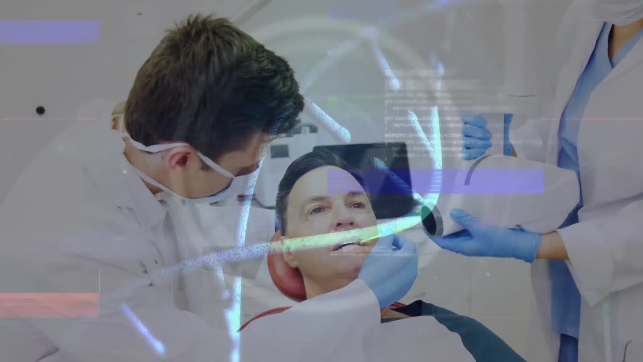 Animation of medical data processing over two caucasian dentists and patient