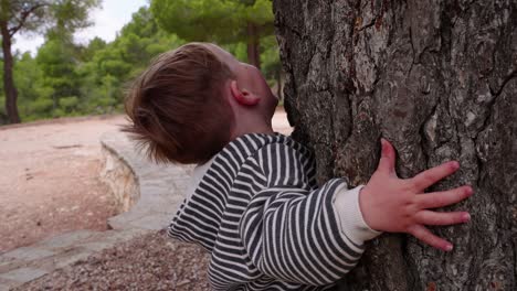 boy hugs a pine tree and smiles