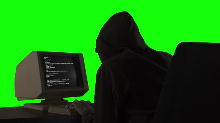 Hooded hacker attacks data server from a computer