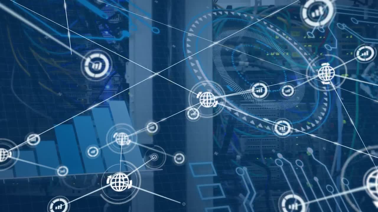 animación de la red de conexiones con iconos sobre el alcance y las estadísticas y los servidores informáticos.