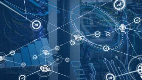 Animation-of-network-of-connections-with-icons-over-scope-and-statistics-and-computer-servers