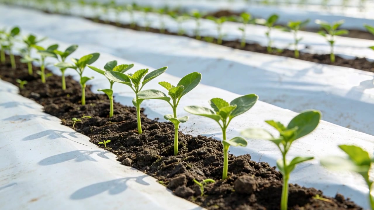 Schwenkende Kamera bewegt sich entlang eines Beetes auf weißer Plastikmulchfolie, enthüllt schaukelnde Setzlinge, zeigt Erde.