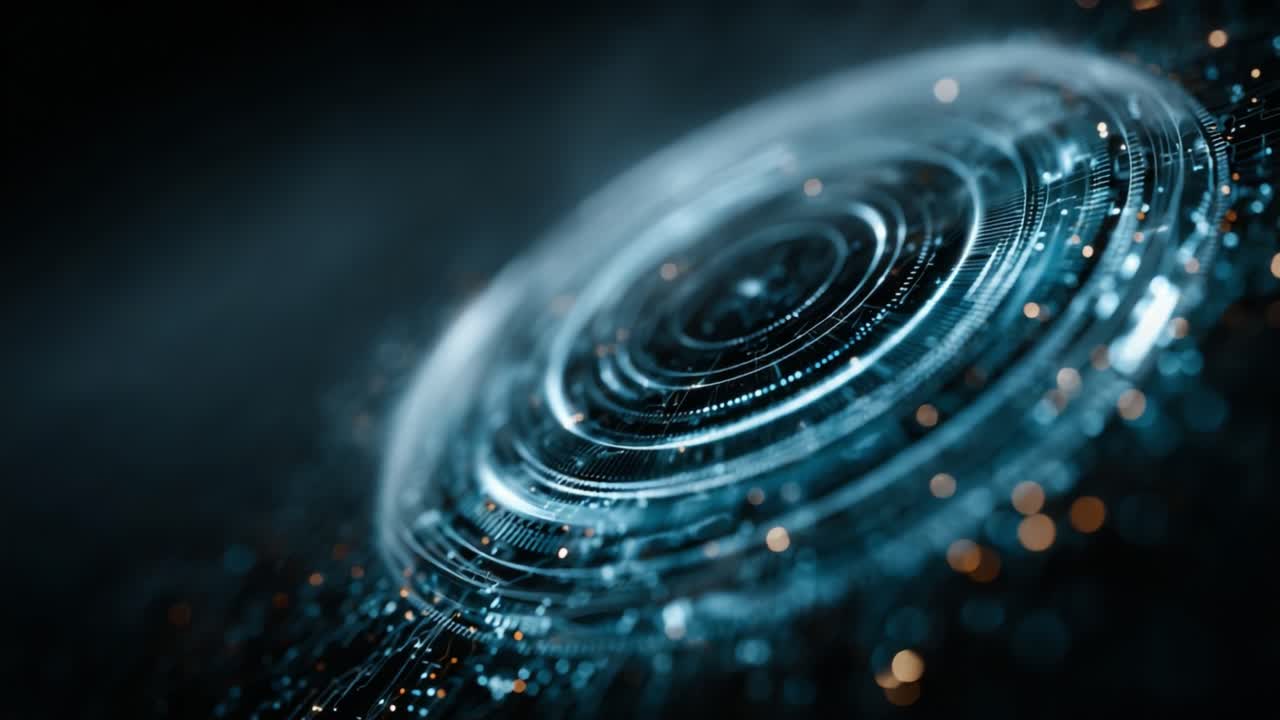 Captivating Visual Representation of Circular Pulses in a Dark Digital Environment with Vibrant Blue and Orange Particle Effects