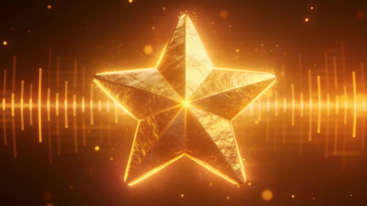 Estrella dorada metálica de cinco puntas pulsando, iluminándose a una forma de onda pulsante y un destello ascendente en el estudio