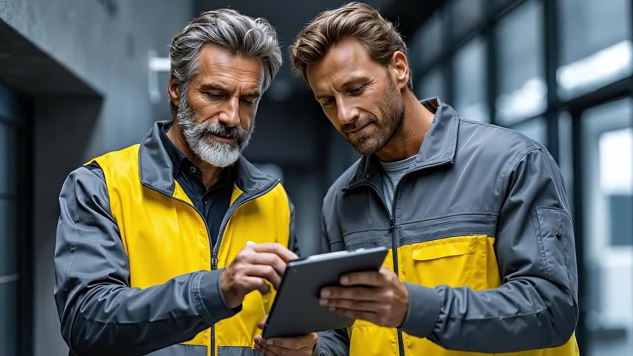 Two men in yellow and gray jackets looking at a tablet