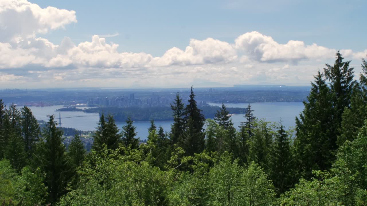 Scenic View From Cypress Mountain Overlooking Vancouver, With The Lions Gate Bridge And City Skyline In Distance. timelapse