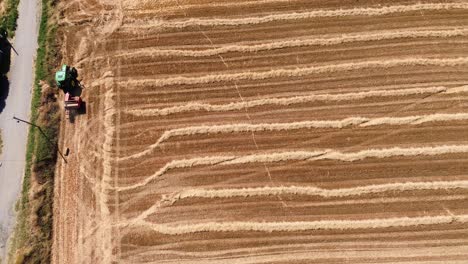 Hay collecting tractor harvest season rural village life agriculture field, aerial drone