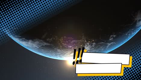 animation of retro speech banners with copy space and rows of dots over planet earth