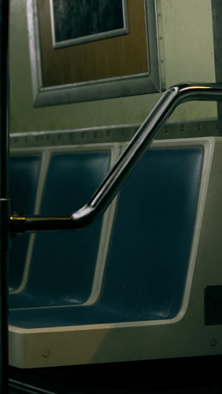 Interni di una carrozza della metropolitana vuota con sedili blu e corrimano in ambiente urbano