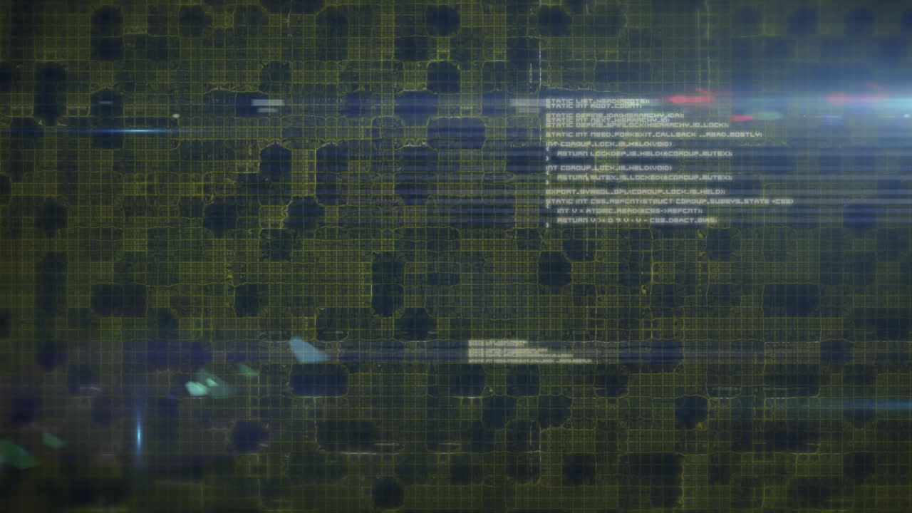 animación de luz blanca y procesamiento de datos, sobre una cuadrícula digital amarilla oscura sobre fondo negro