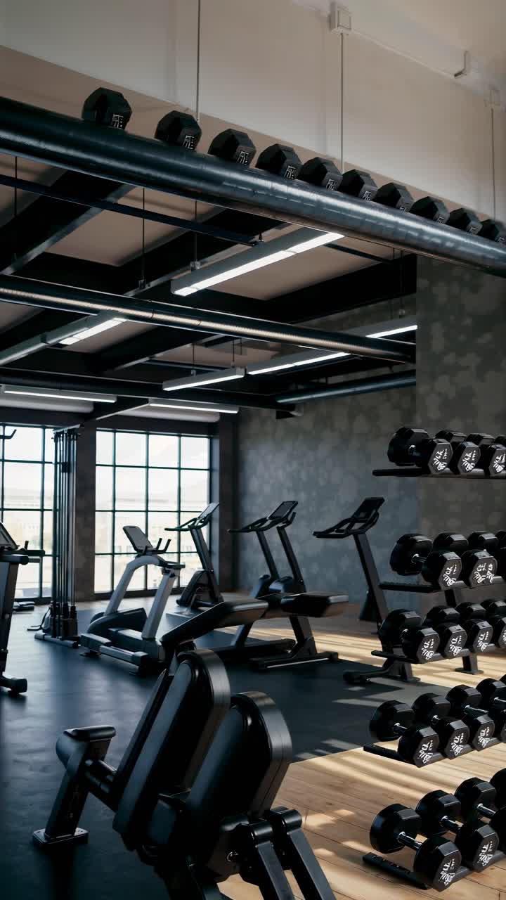 Modern gym interior with dumbbells and cardio machines