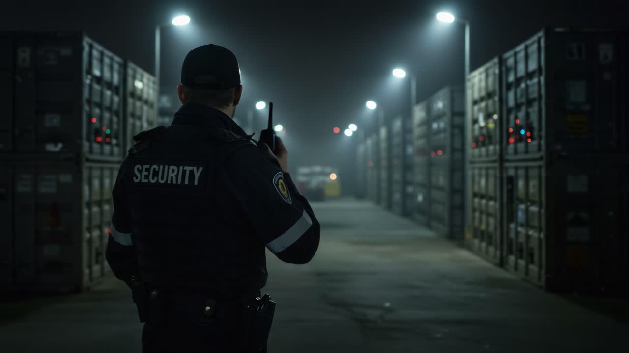 A vigilant security officer monitors a dimly lit storage area filled with shipping containers, ensuring safety and order during the quiet night shift