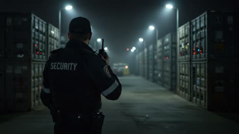 a vigilant security officer monitors a dimly lit storage area filled with shipping containers, ensuring safety and order during the quiet night shift