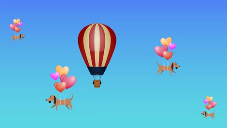 animation of hot air balloon colourful balloons with dogs flying on blue background