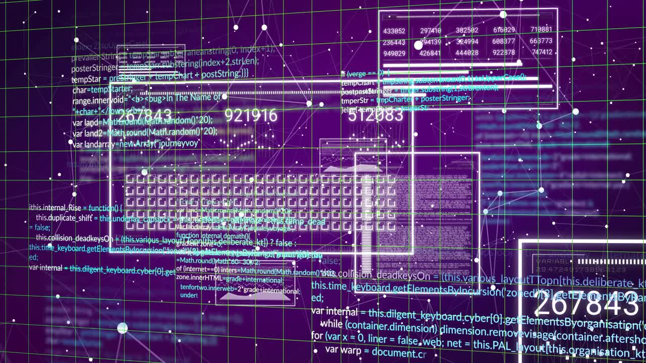 Rutenett vises, tastatur i trådramme roterer og paneler glir, mens tellere oppdateres for å vise sanntidsdata.
