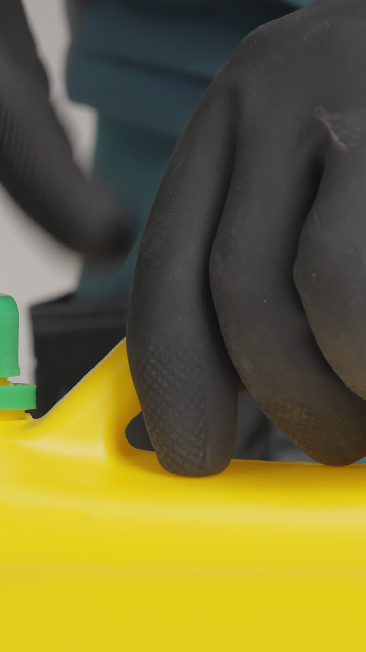 Person Handling Yellow Container with Gloves