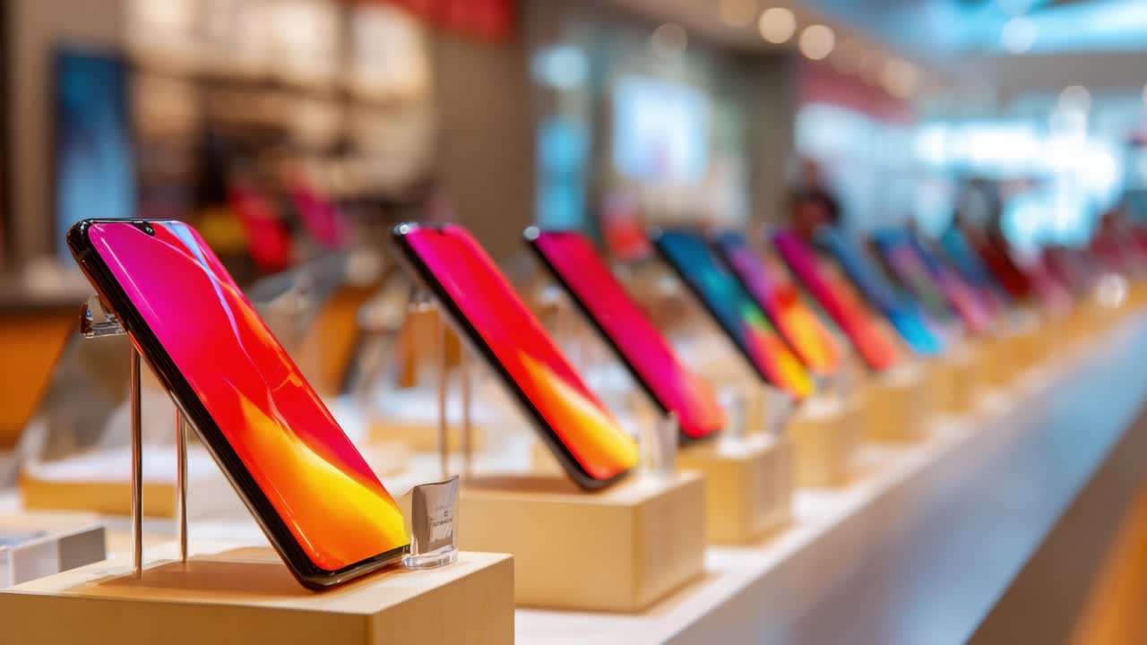 Vibrant Display of Modern Smartphones Showcased in a Retail Space, Featuring Various Colors and Designs, Capturing the Latest Innovations in Mobile Technology