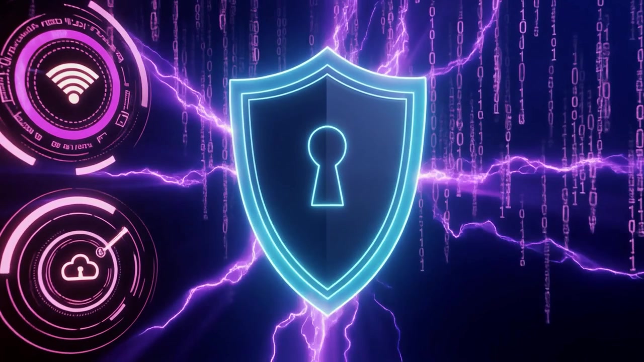 Digital Cybersecurity Shield with Data Streams and Network Icons