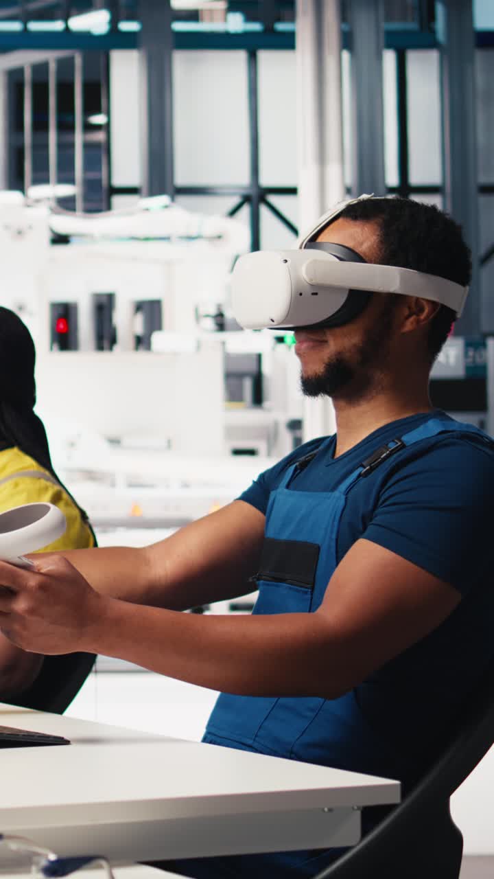 Vertical Video Photovoltaics factory engineer designing on PC CAD software with VR headset