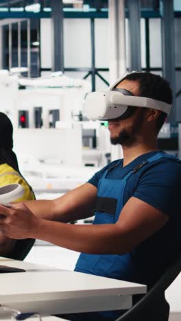 vertical video photovoltaics factory engineer designing on pc cad software with vr headset