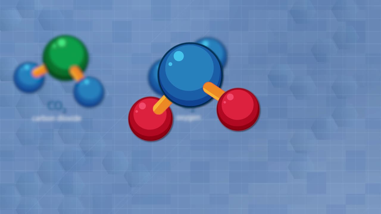 Colorful animation illustrates molecular structures, transitions, and labels for carbon dioxide, oxygen, and water