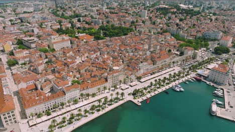wide aerial pan of riva promenade waterfront area of split, croatia