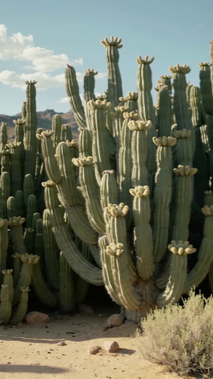 Video verticale: Telecamera che panoramica rivelando un gruppo di cactus in un bacino desertico, mostrando steli costoluti