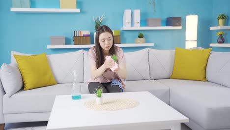 주부 아시아 여성이 나무 테이블을  ⁇ 습니다.