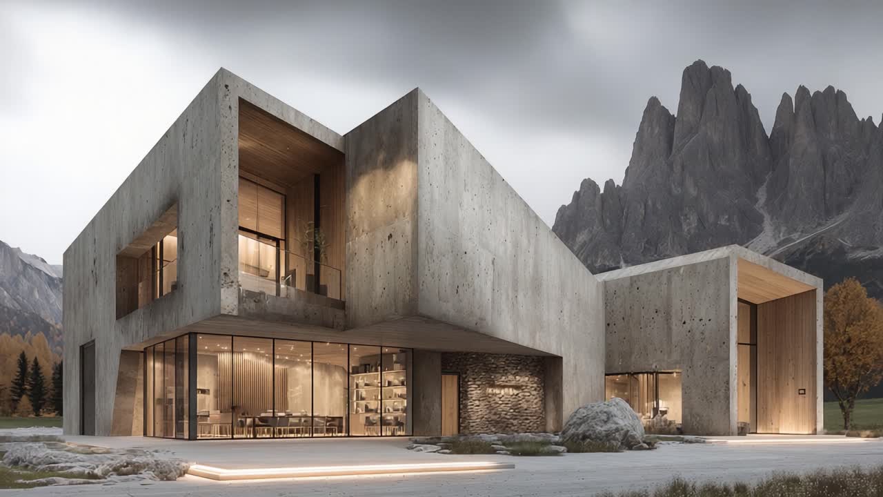 Et Fantastisk Moderne Arkitektonisk Vidunder Beliggende Blandt Majestætiske Bjerge: Et Omfattende Blik på Samtidsdesign og Naturlig Skønhed