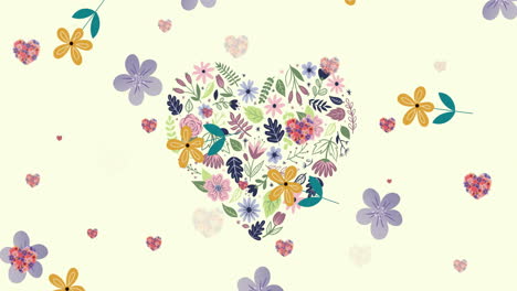 animation of flowers falling over hearts of flowers on beige background