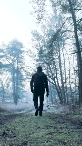 man walking through a foggy forest