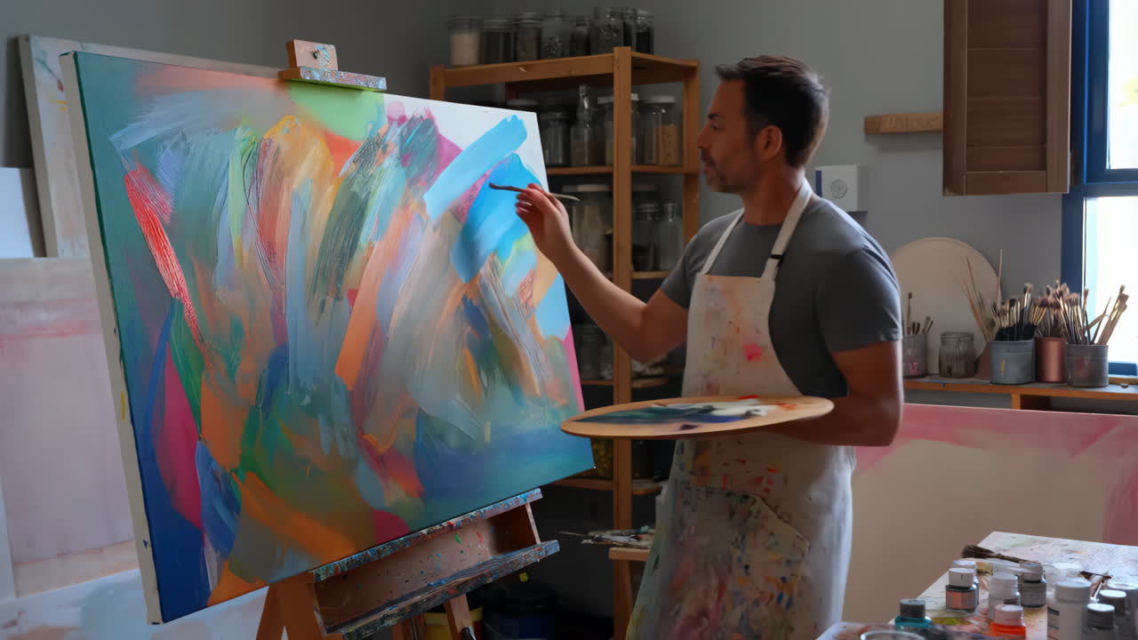 Artist painting an abstract artwork in a studio