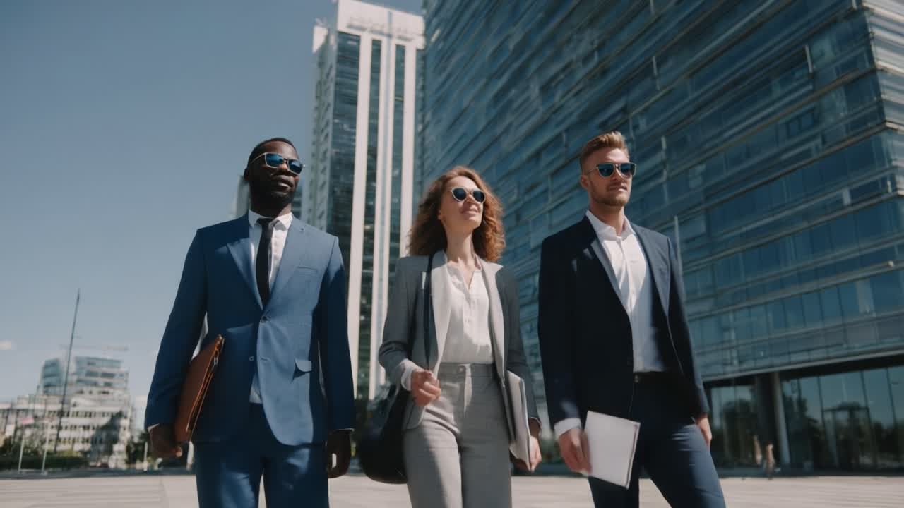 A Confident Trio of Professionals Striding Through the Urban Landscape in Stylish Attire, Showcasing Teamwork and Success Against a Backdrop of Modern Architecture
