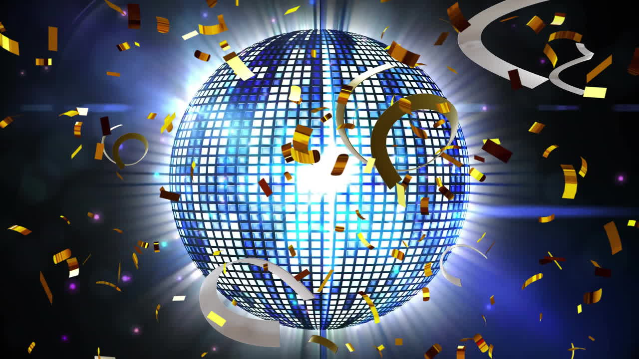 검은색 바탕에 파티 스트리머와 거울 디스코 공의 애니메이션