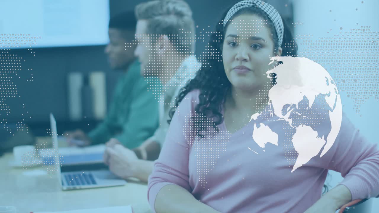 Animated globe fading in prompts woman leaning forward and speaking to present global insights