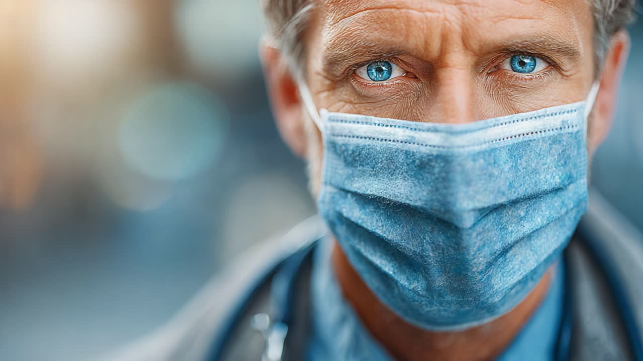 A Focused Healthcare Professional Wearing a Surgical Mask, Portraying Determination and Care in Challenging Times Amidst a Blurred Background of Urban Life