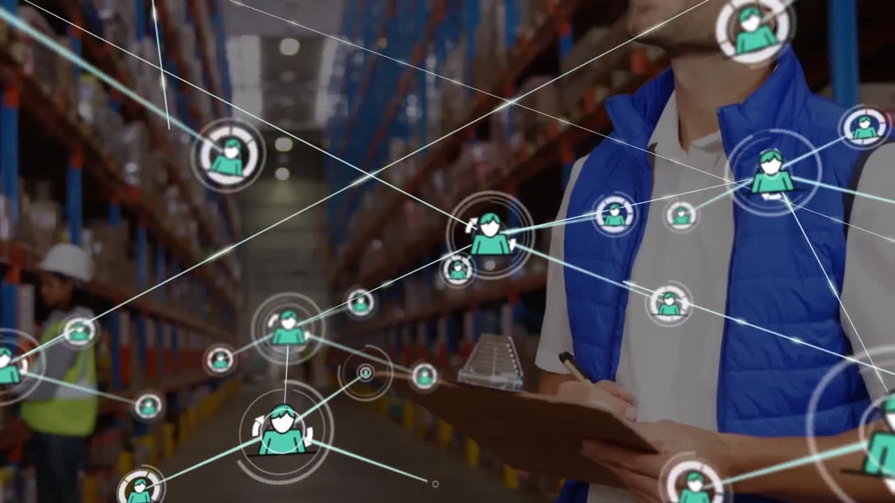 animación de la red de iconos de perfil sobre el supervisor masculino caucásico comprobando el stock en el almacén